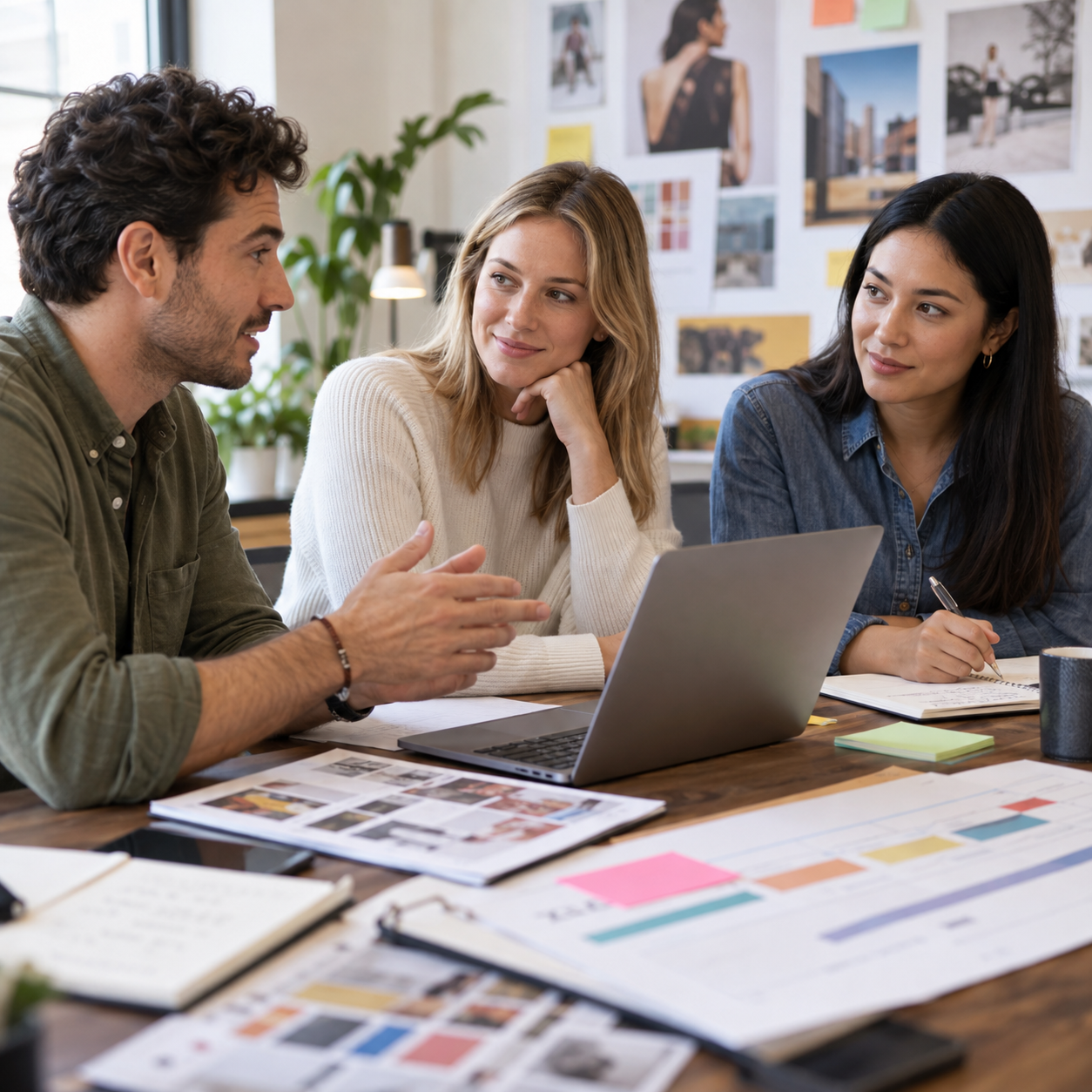 Agency colleagues planning client work around a laptop