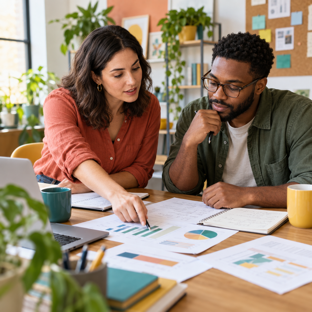 Two small business owners reviewing a planning chart together