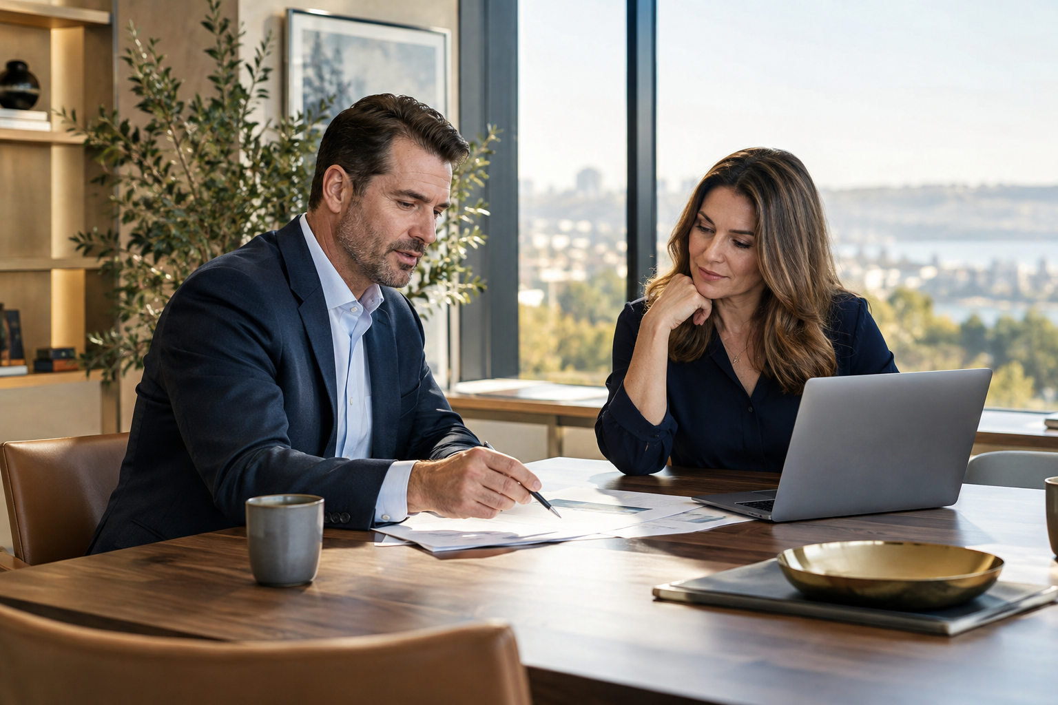 Two business professionals reviewing a plan together