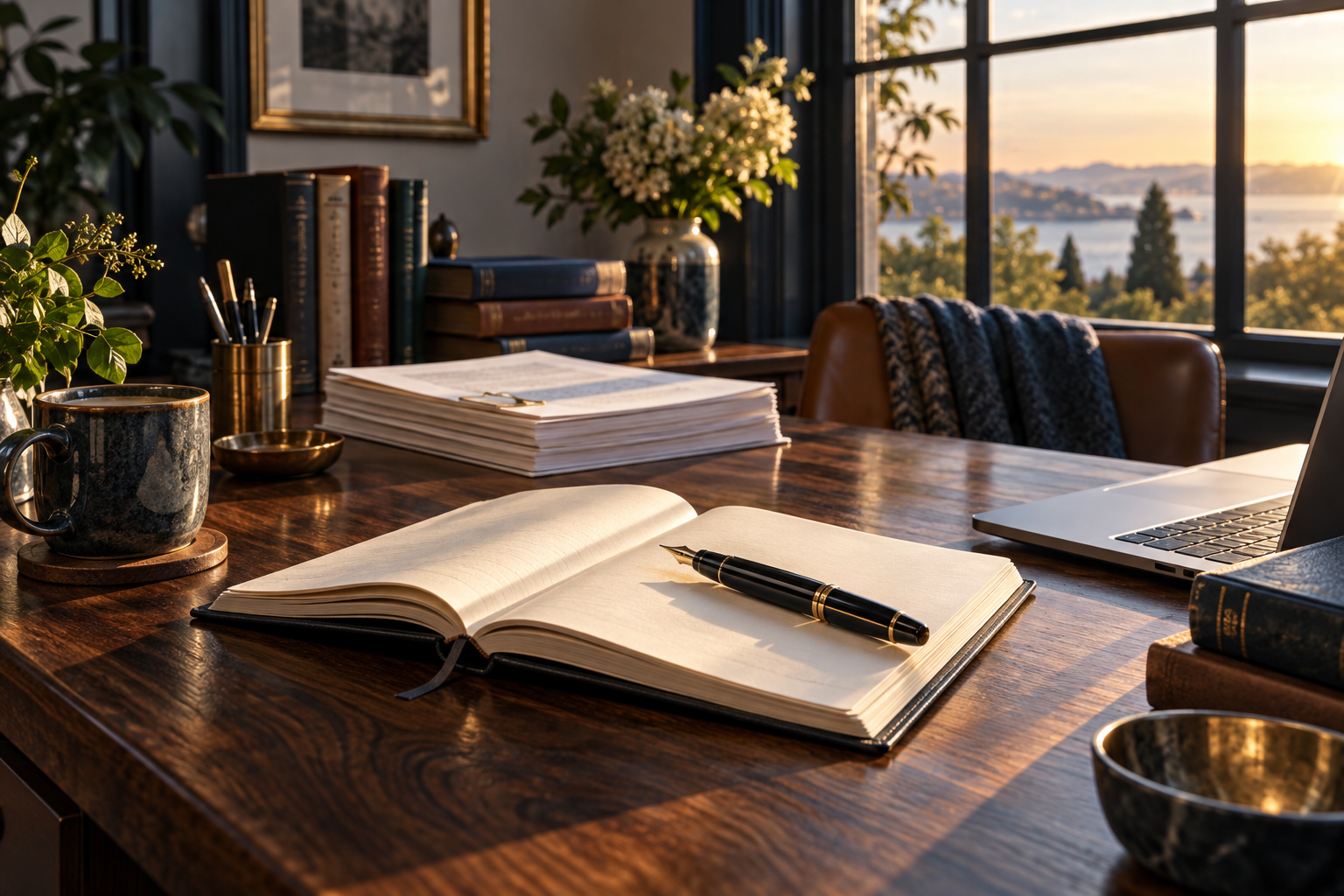 A writing workspace with a manuscript and creative materials