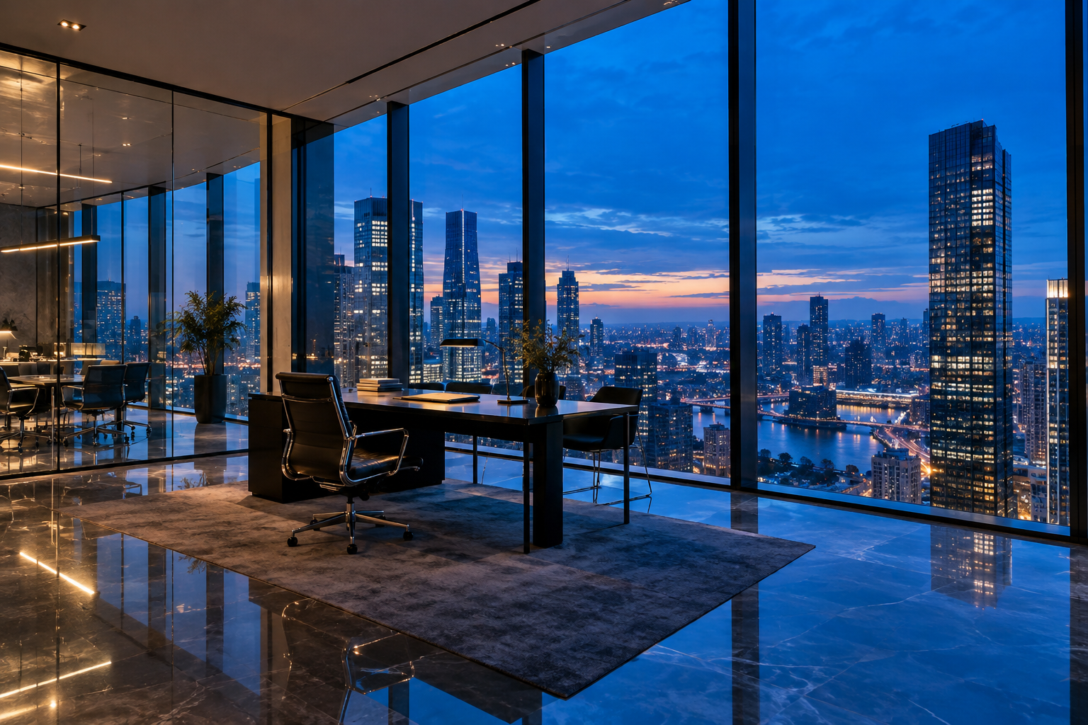 A modern office overlooking a city at dusk